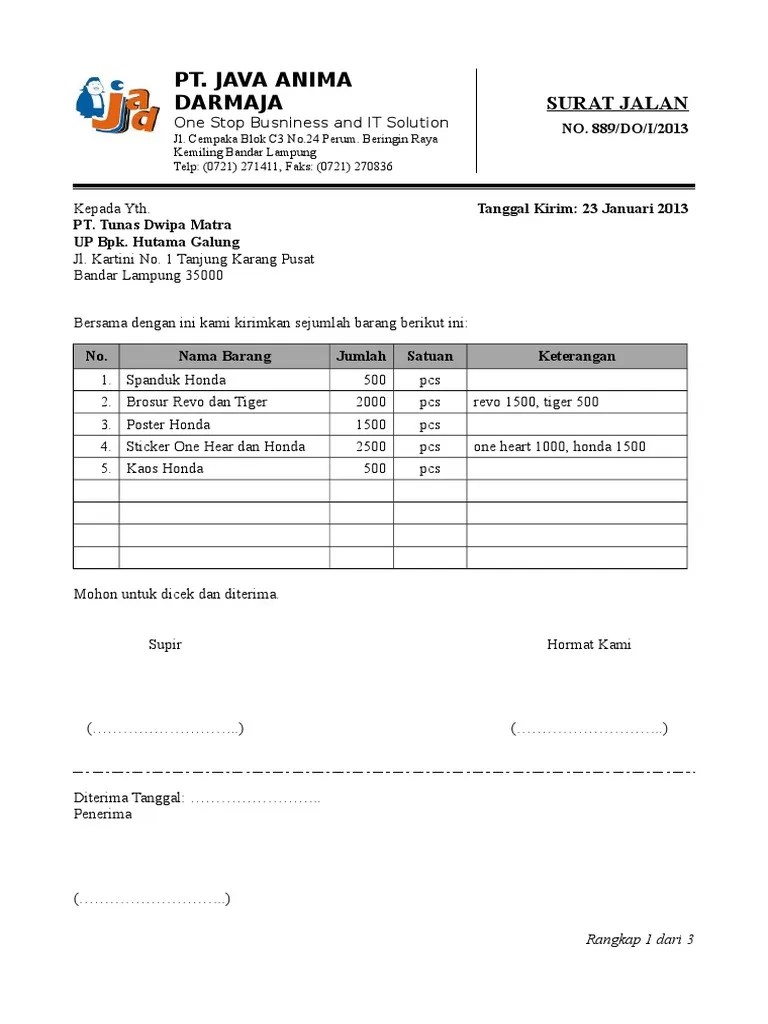 Contoh Surat Jalan Barang Excel Nusagates Contoh Surat Jalan Dalam Microsoft Excel Setelah mengetahui fungsi dri surat jalan ini selanjutnya kita akan melihat contoh dari sura jalan tersebut.
