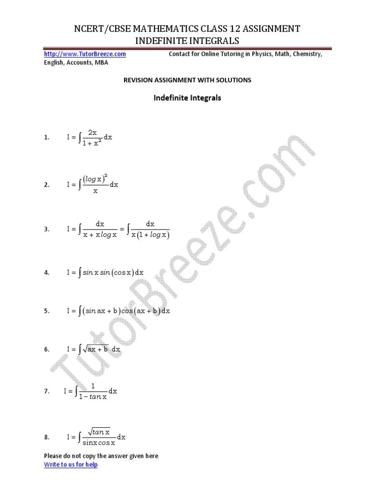 Ncert/Cbse Mathematics Class 12 Assignment Indefinite Integrals | PDF ...