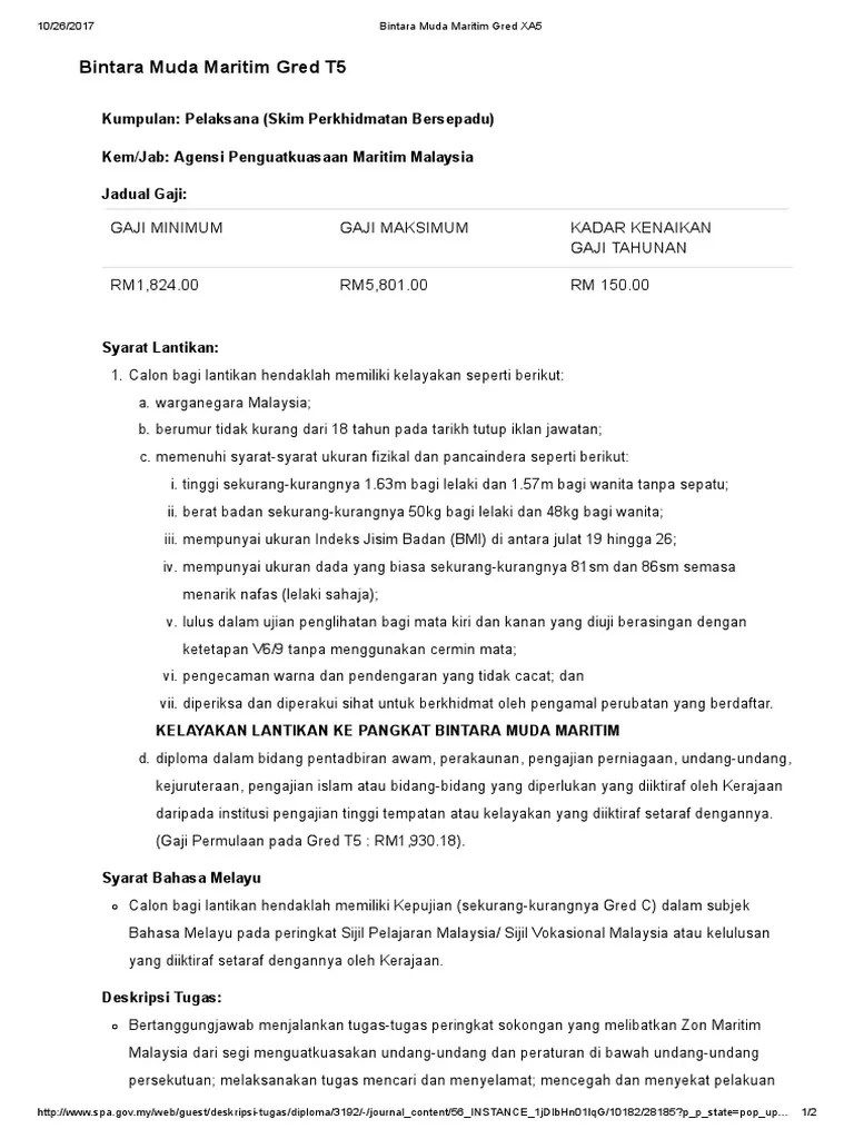 Deskripsi tugas bintara muda maritim gred t5, maklumat permohonan jawatan kosong bintara muda maritim beserta maklumat jadual gaji syarat lantikan dan skop . Bintara Muda Maritim Gred Xa5 Pdf