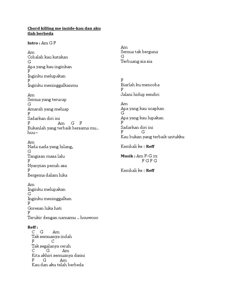 F c jika itu memang terbaik untuk dirimu g dm walau berat untukku pisah denganmu f c hapus sudah air matamu aku mengerti g dm ini bukan maumu ini bukan inginmu. Chord Killing Me Inside Pdf