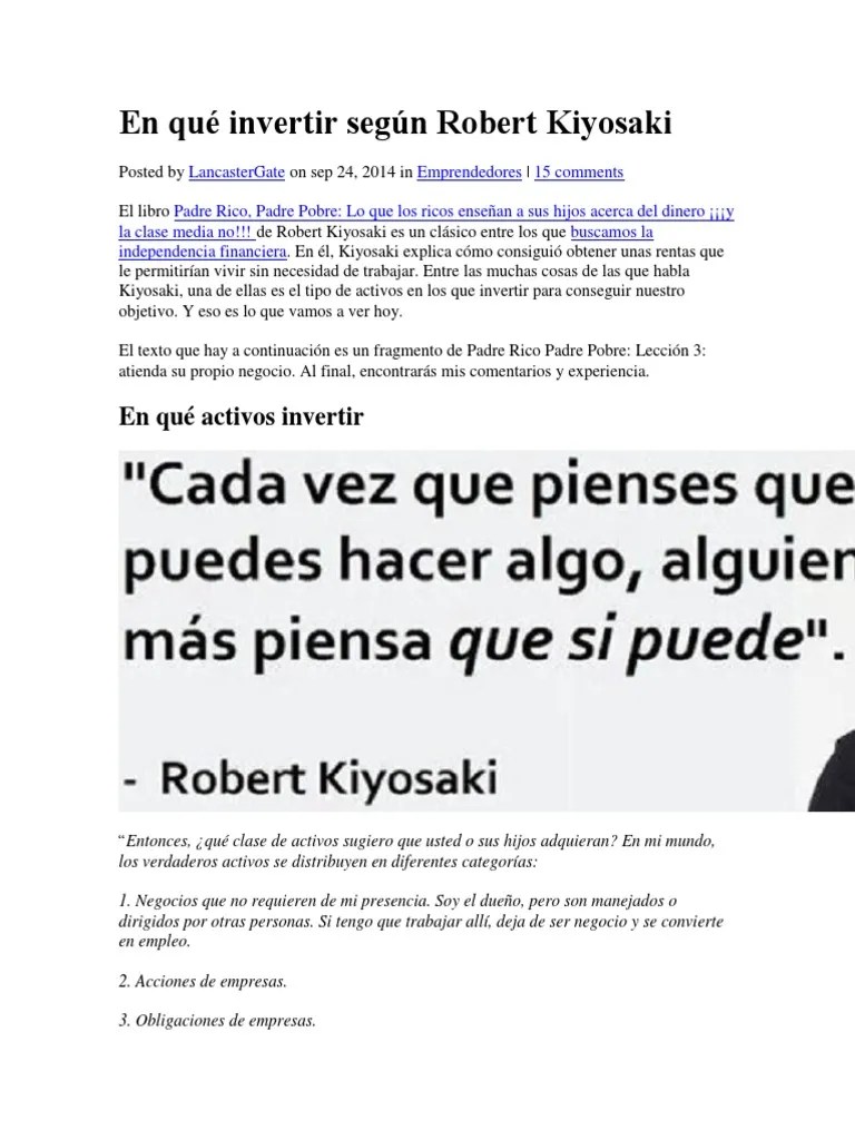 En Qué Invertir Según Robert Kiyosaki | Descargar Gratis PDF | Pobreza | Pobreza E Indigencia