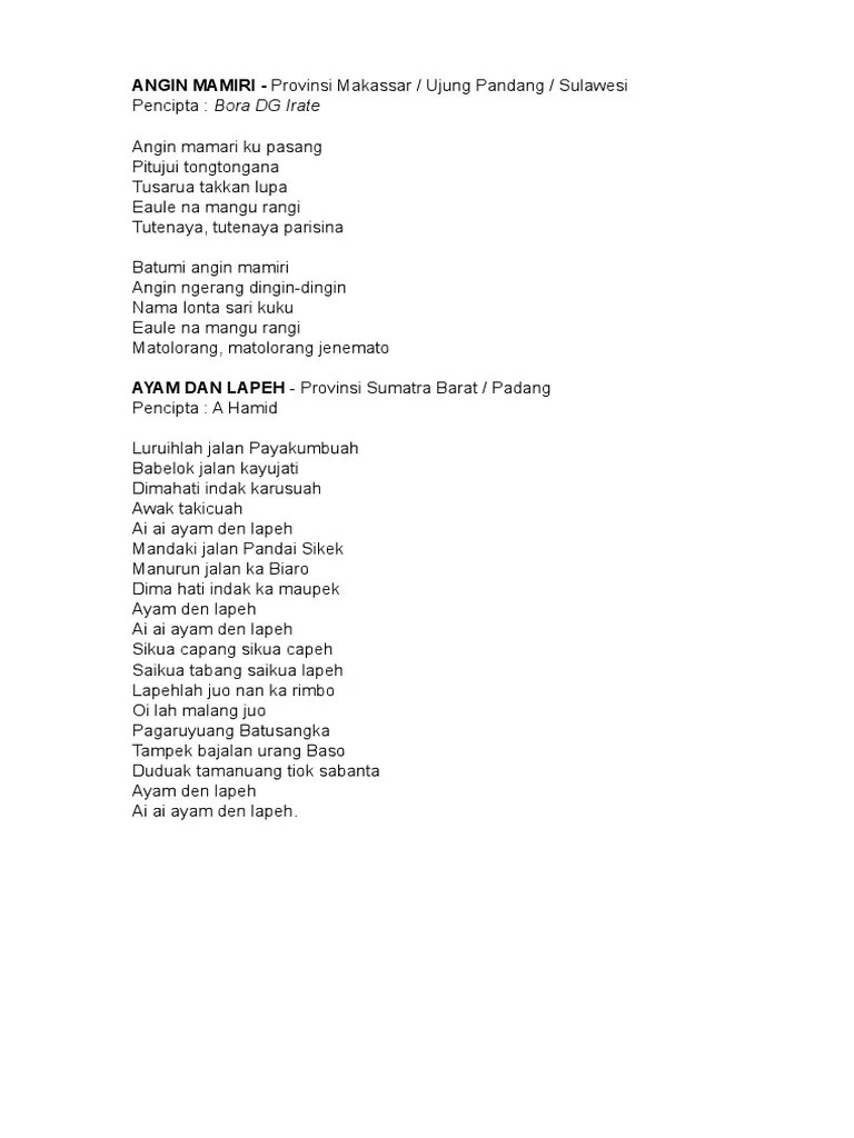 Lirik Lagu Angin Mamiri Dan Penciptanya