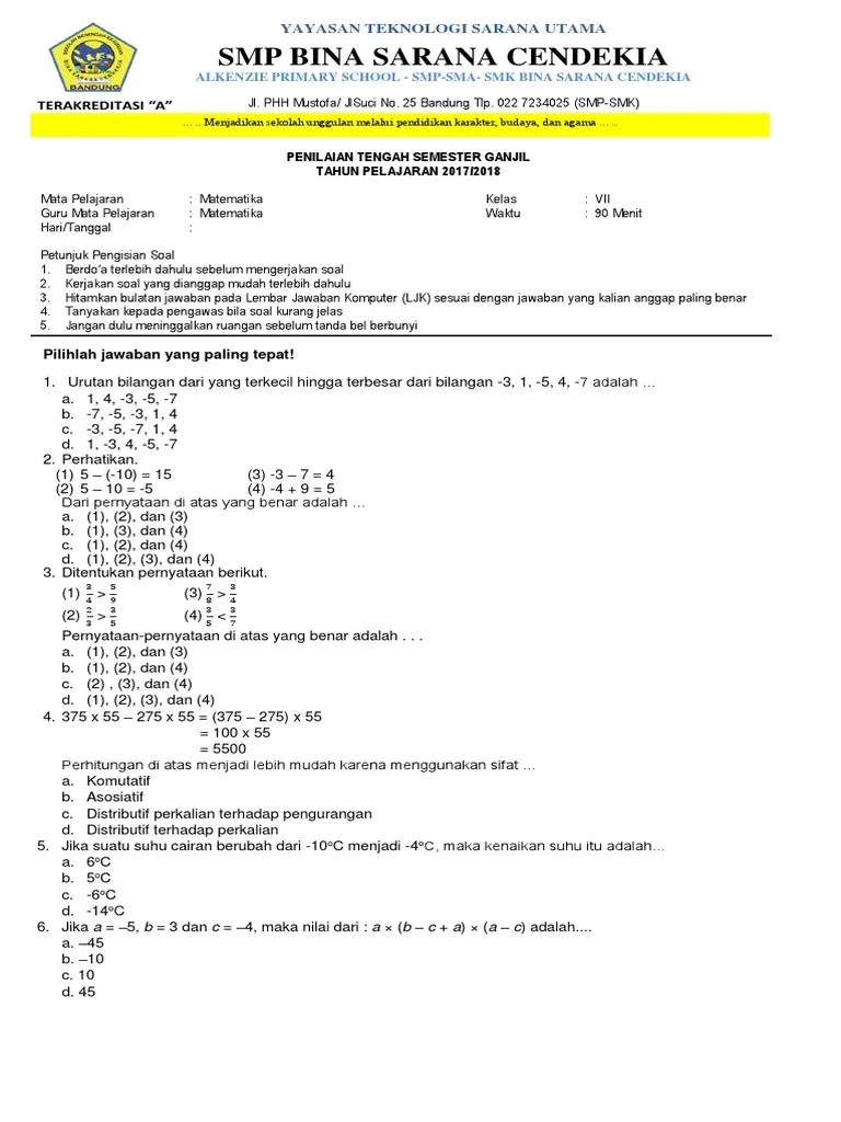Soal Uts Matematika Kelas 5 Sd Mi Semester 2 Arsip Guru 