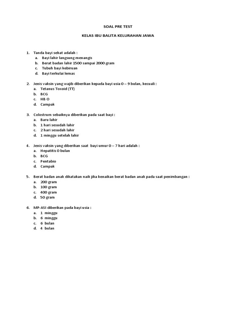 Soal Pre Test Dan Post Test Kls Ibu Balita | PDF