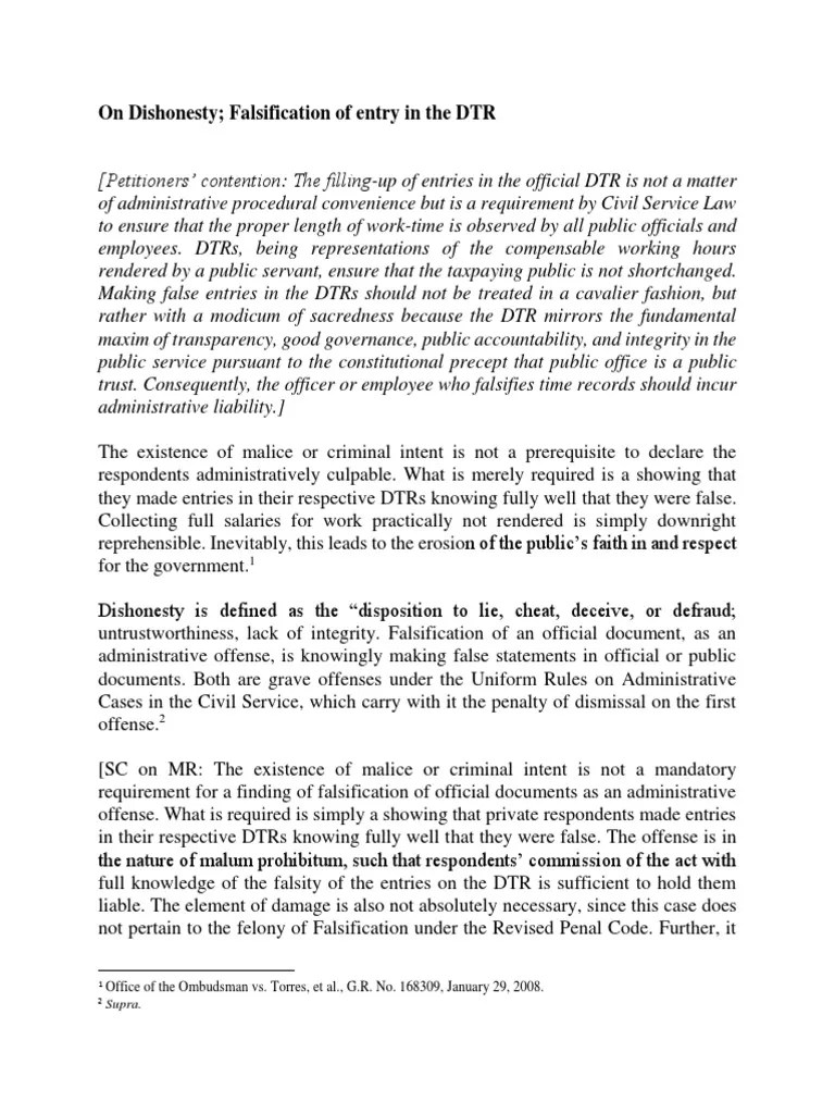 Administrative Liability For Falsification Of Official Documents: Dishonesty In Filling Out ...