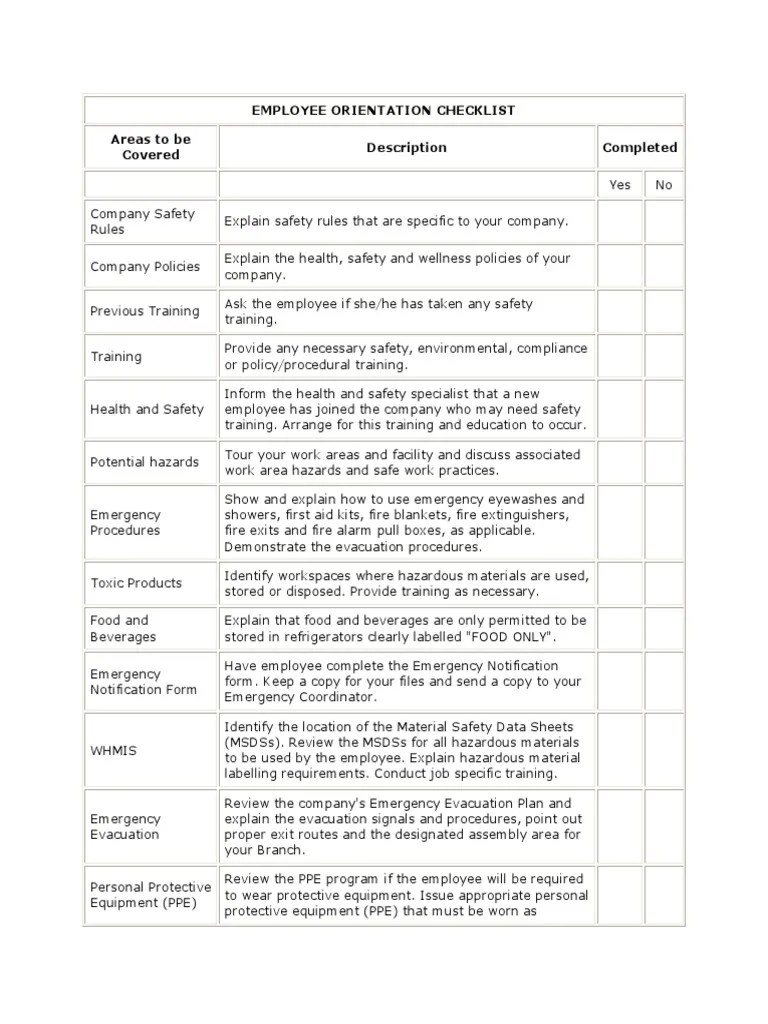 Employee Orientation Checklist Areas To Be Covered Description ...