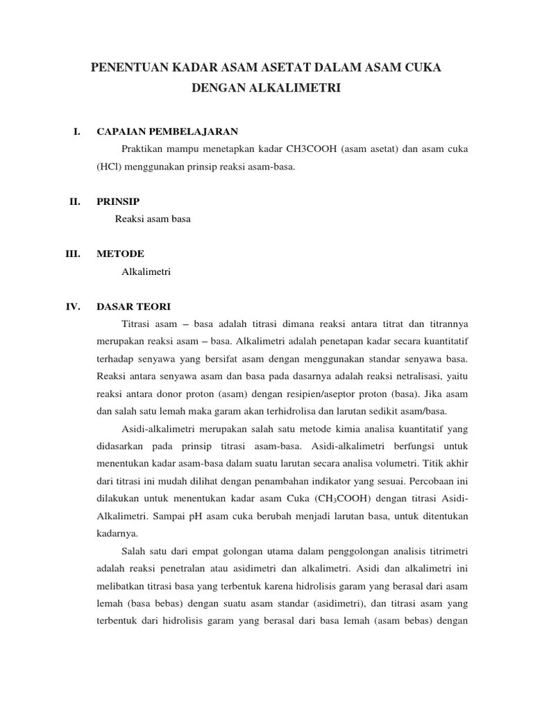 Penentuan Kadar Asam Asetat Dalam Asam Cuka Dengan Alkalimetri | PDF