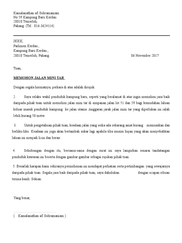 Surat permohonan sumbangan pokok bunga. Contoh Surat Permohonan Jalan Tar