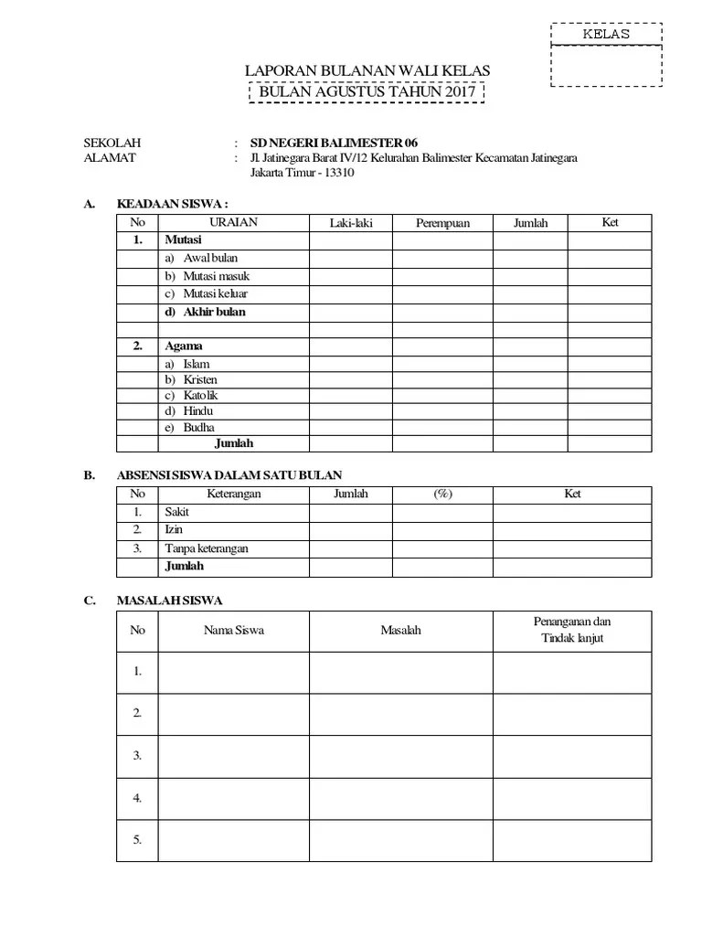 Mahasiswa ppl disini memperoleh kesempatan mengajar siswa kelas vii 1, 2 & 3. Laporan Bulanan Wali Kelas Pdf
