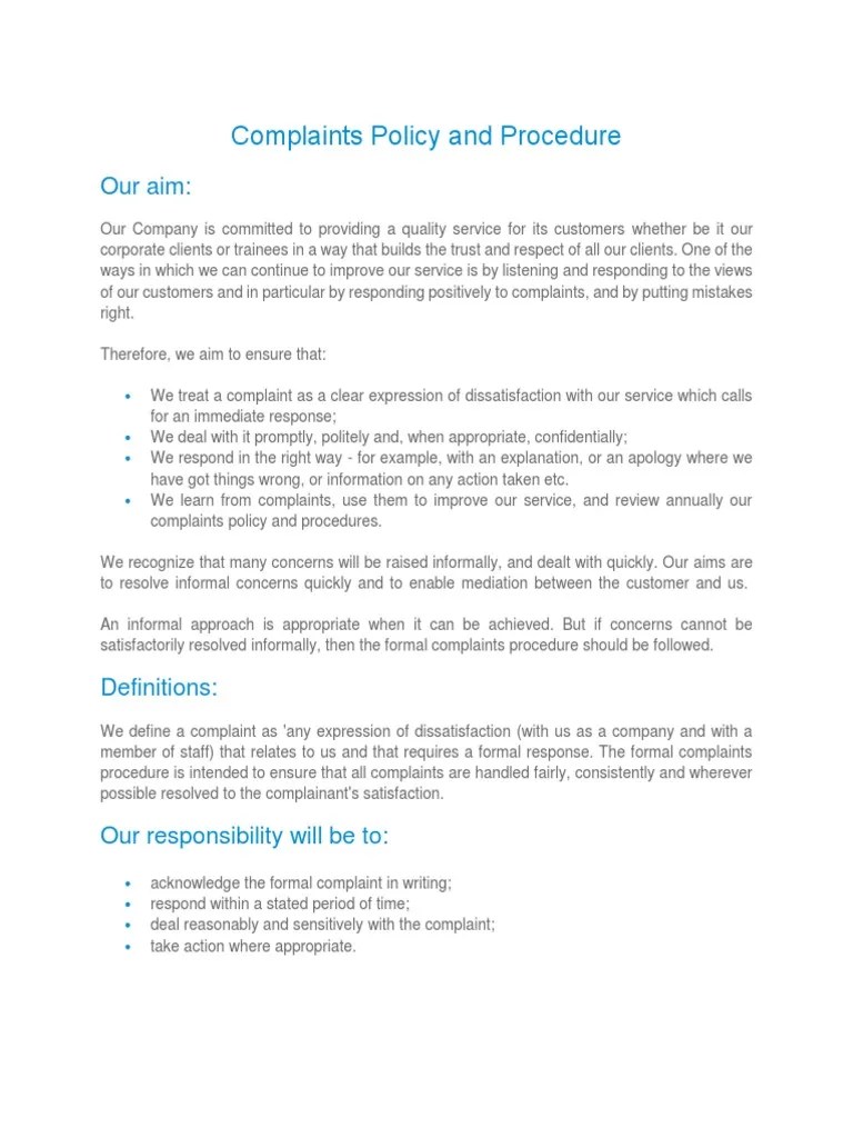 Complaints Policy And Procedure | PDF | Confidentiality | Complaint