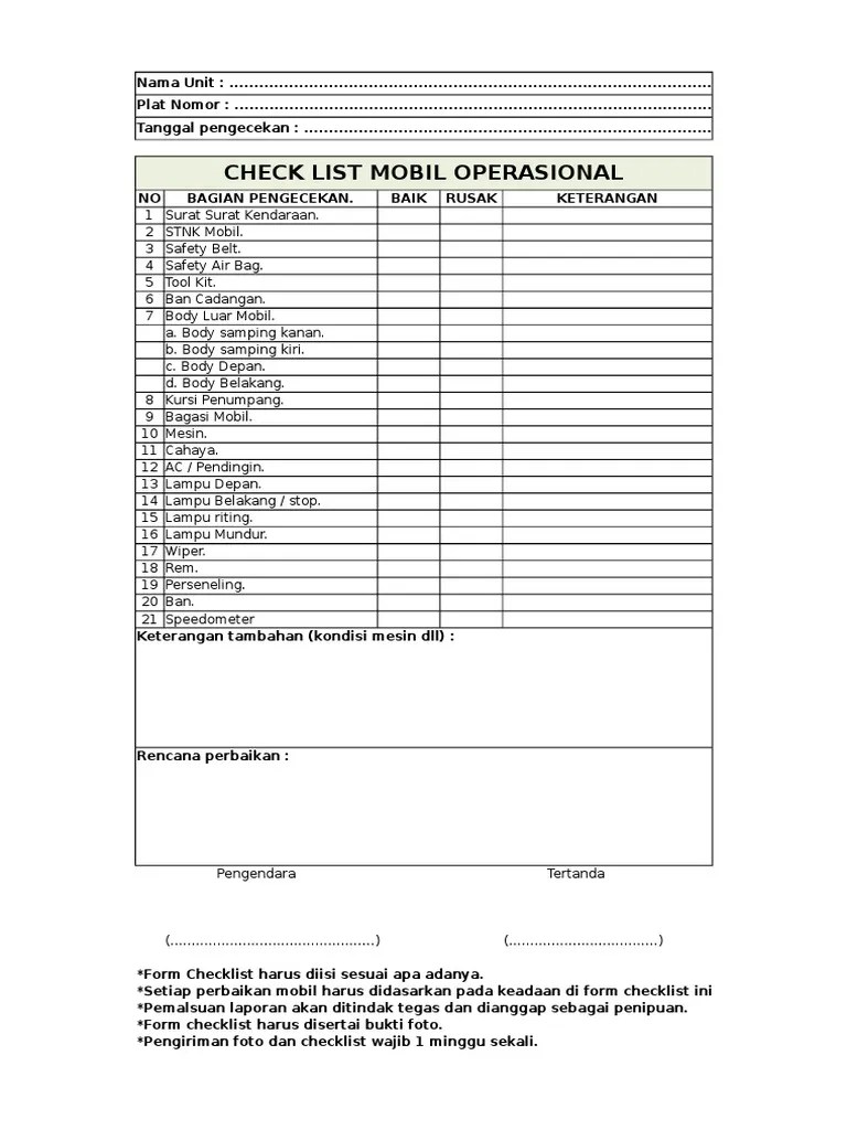 Form Checklist Kendaraan Xlsx 3no7p30g3xld Frekuensi pengangkutan limbah.
