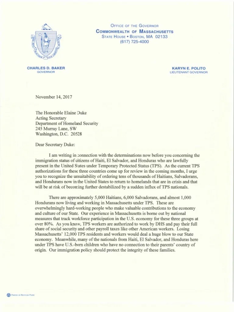 As a highly competent legal. Gov Baker TPS Letter to Secretary Duke