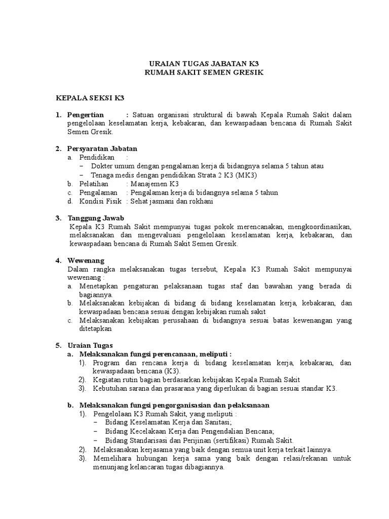Kesehatan dan keselamatan kerja (k3). Sk So Dan Uraian Jabatan K3 Pdf