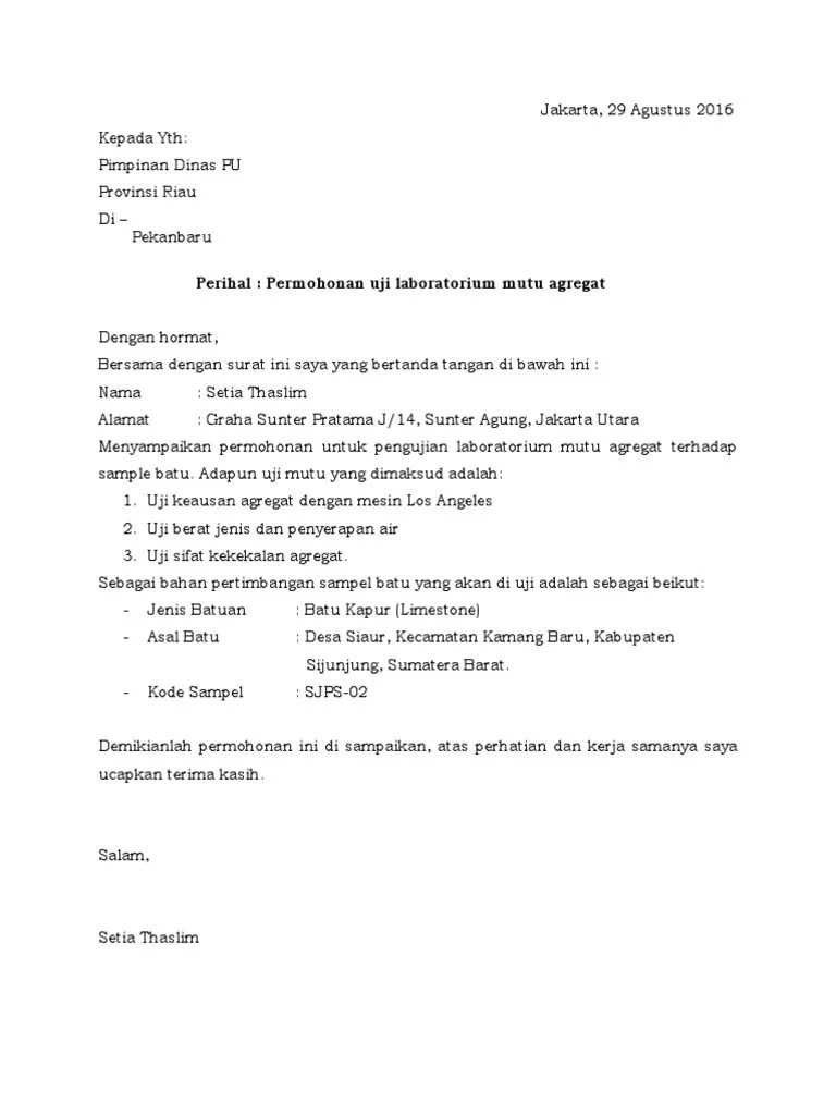 Ingin mengajukan dana bantuan tapi tidak tahu bagaimana cara membuat suratnya? Surat Permohonan Uji Lab Agregat