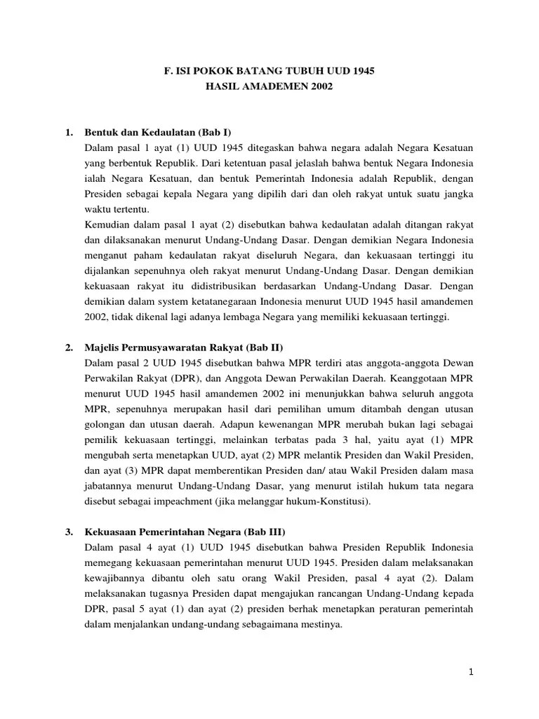Isi Pokok Batang Tubuh Uud 1945 | PDF