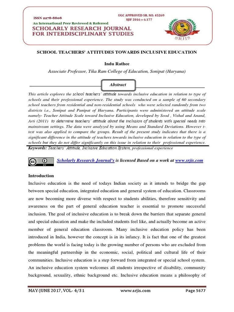 School Teachers' Attitudes Towards Inclusive Education | PDF ...