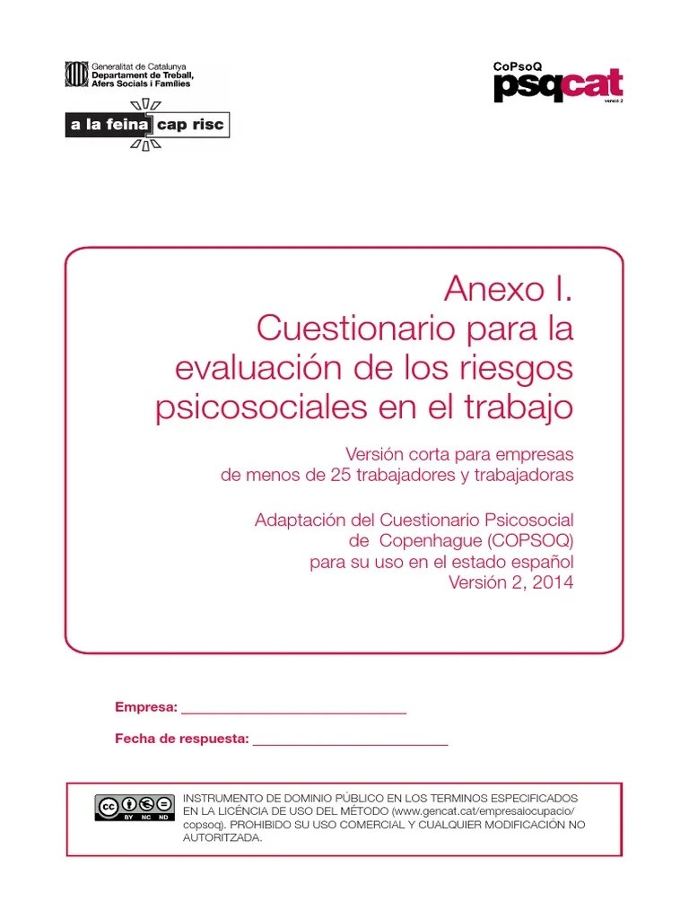ANEXO I Version Corta. Método ISTAS 21 | PDF | Cuestionario | Bienestar