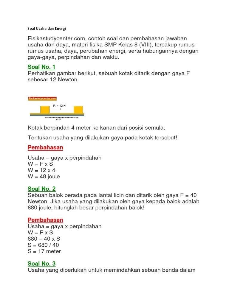 Bank soal ujian semester fisika smp pilihan ganda / multiple choices. Soal Usaha Dan Energi Pdf