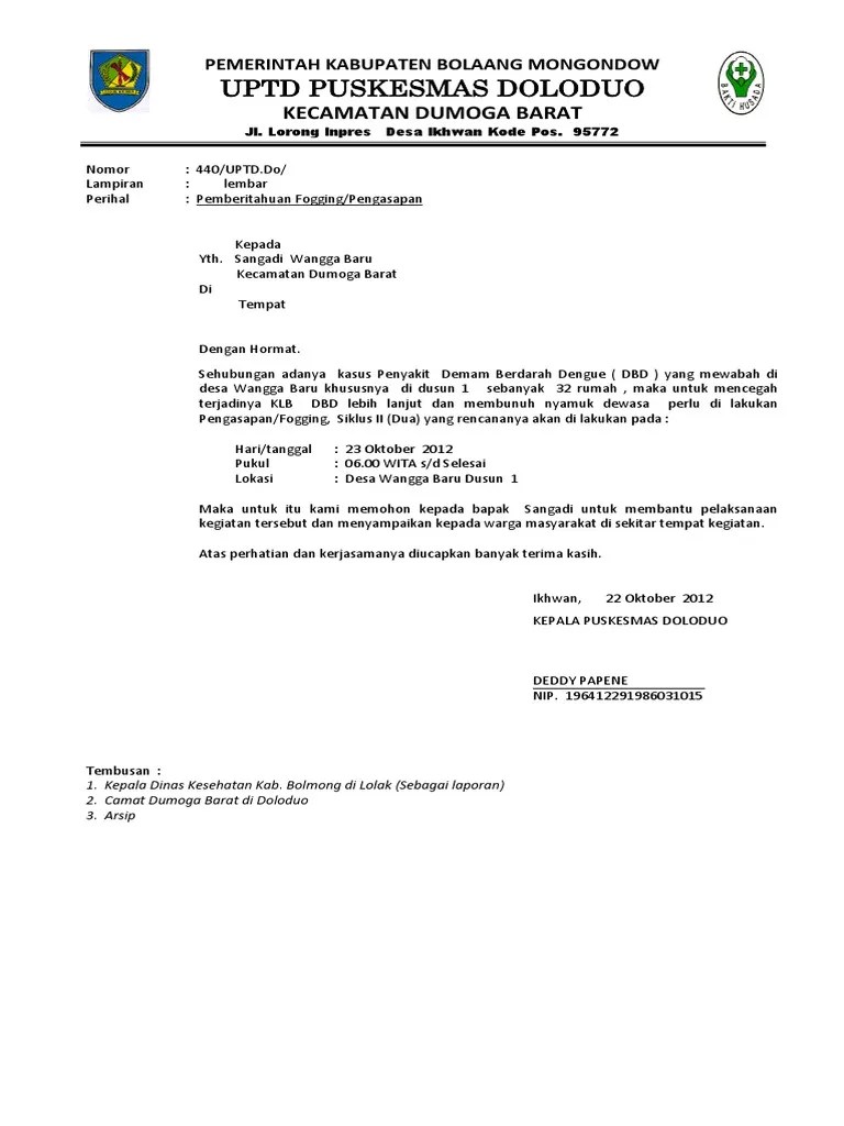 Contoh Surat Permohonan Fogging Ke Puskesmas Contoh Surat Unduh sebagai DOC PDF TXT atau baca online dari Scribd.