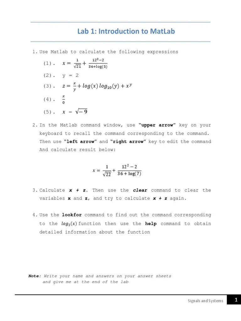 Lab 1: Introduction To Matlab: And Give Me At The End Of The Lab | PDF | Teaching Methods ...