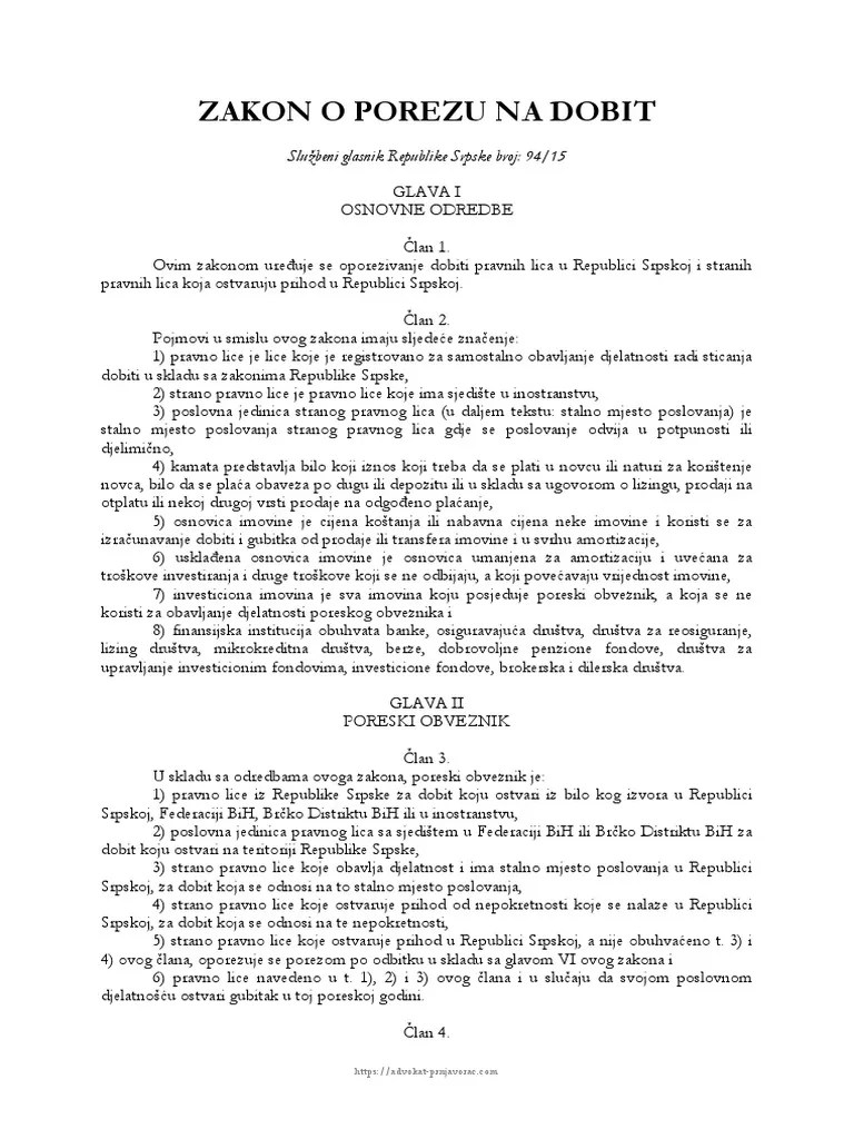 Zakon O Porezu Na Dobit Republike Srpske | PDF