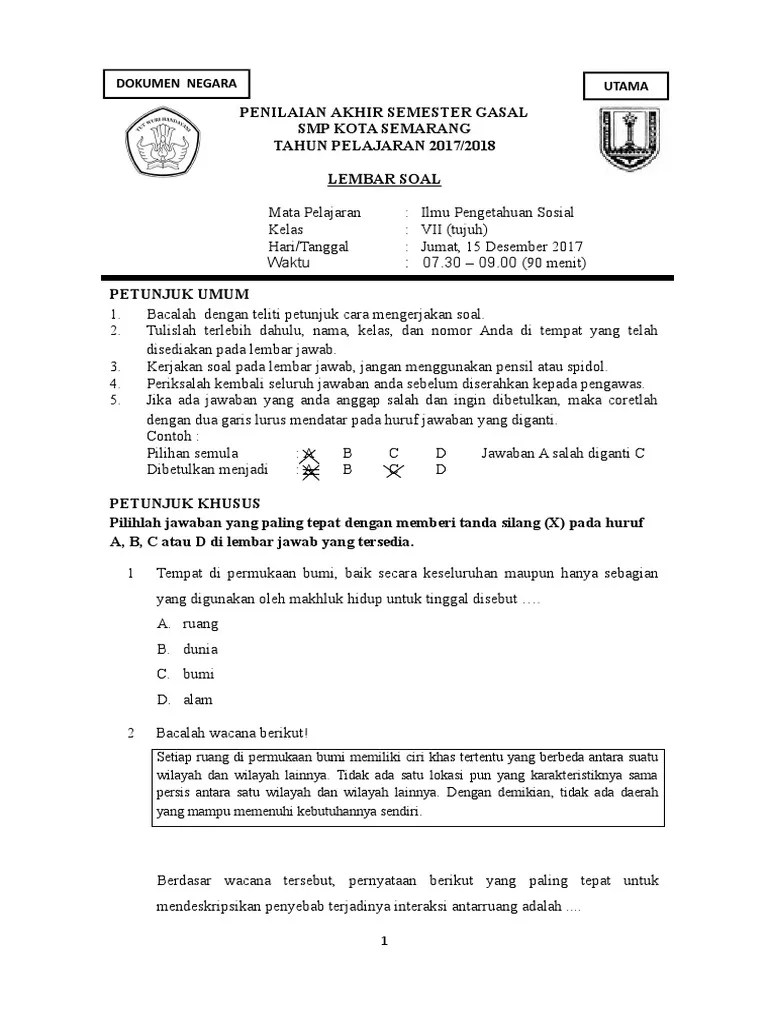 Download soal pas/uas bahasa indonesia kelas 7 semester 1 kurikulum 2013. Soal Pas Ips Kls Vii Semester Ganjil 2017 Setelah Telaah Pdf