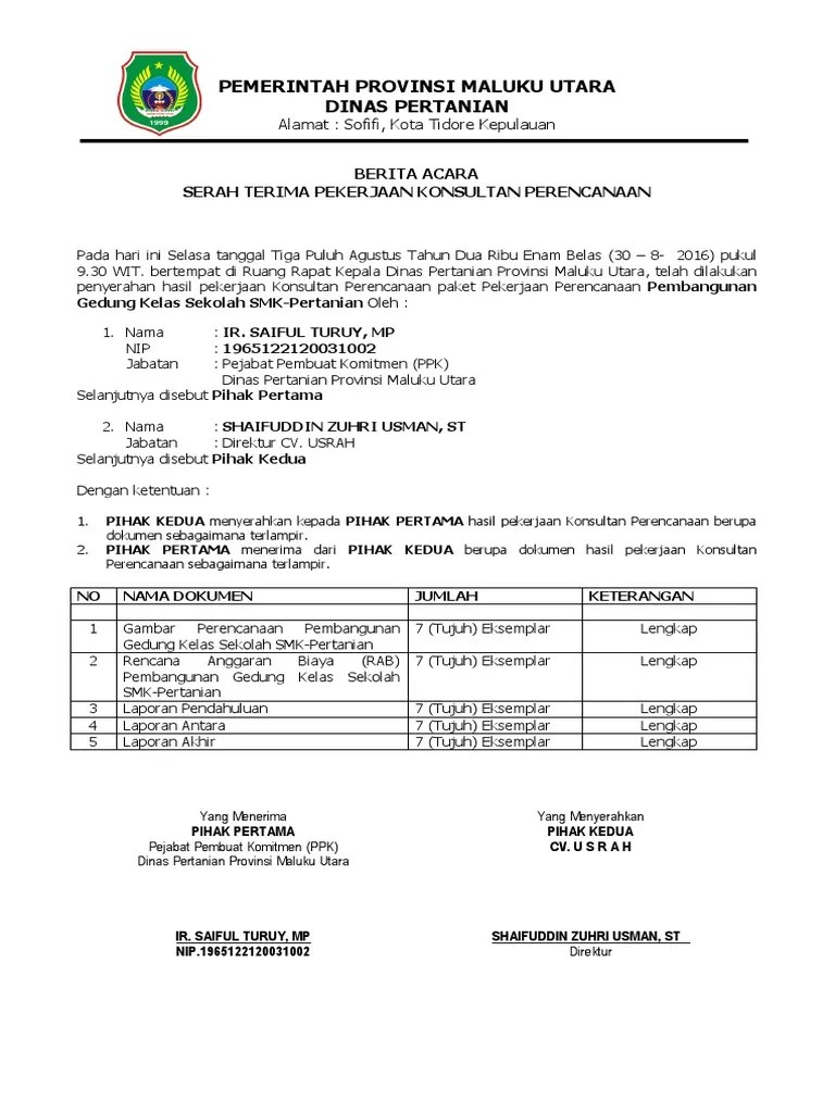 Berita acara pemeriksaan hasil pekerjaan. Ba Serah Terima Pekrerjaan Konsultan Pdf
