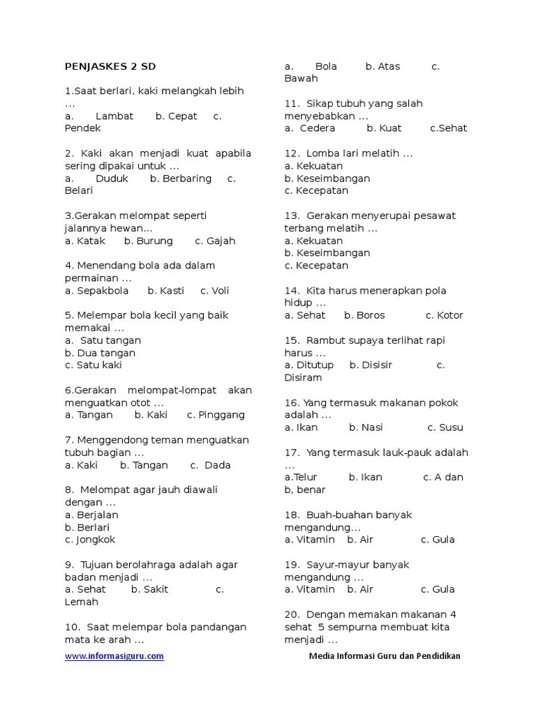 Jika jajan sembarangan maka kita bisa sakit …. Soal Uas Penjas Kelas 2 Sd