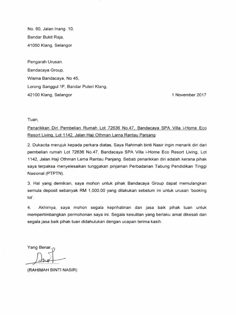 Contoh surat pembatalan pinjaman perumahan bank. Contoh Surat Pembatalan Pinjaman Kereta Maybank