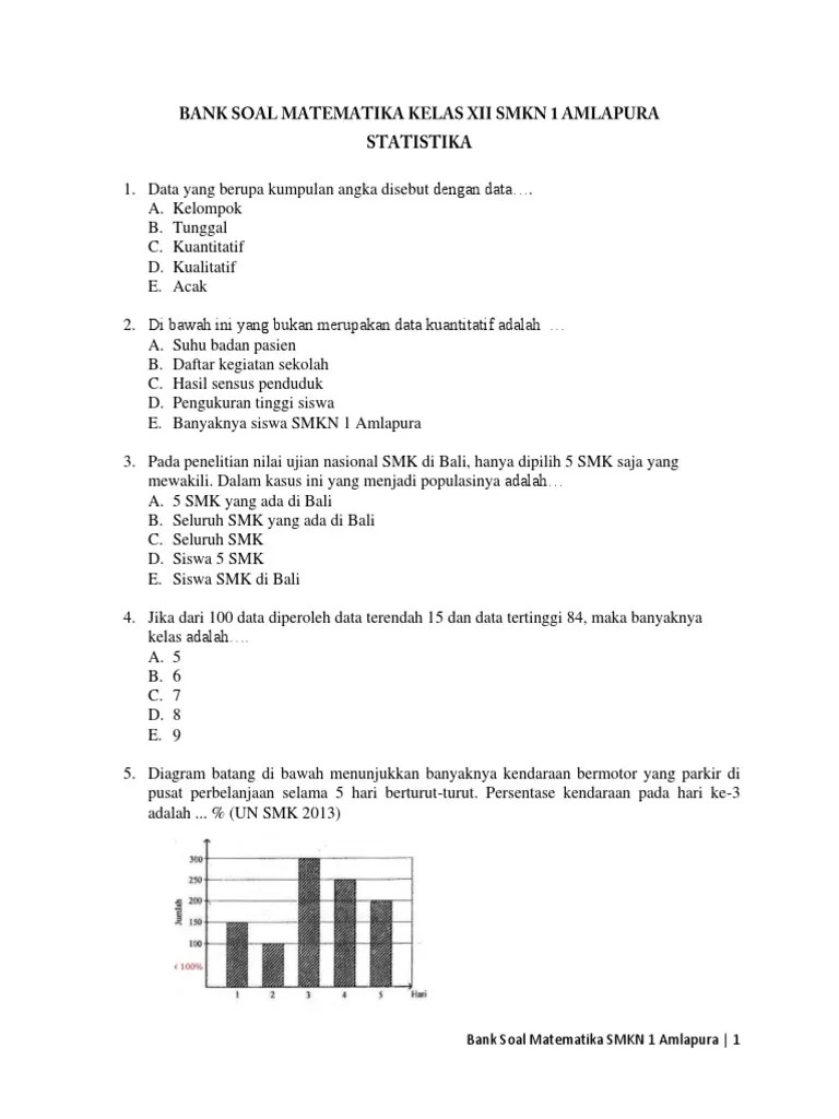 Rumus sturges adalah k = 1 + 3,32 log n, dimana k adalah. Bank Soal Statistika Pdf