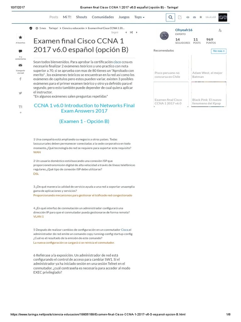 Examen Final Cisco CCNA 1 2017 V6 (B) | PDF | Yo Pv6 | Red De Computadoras