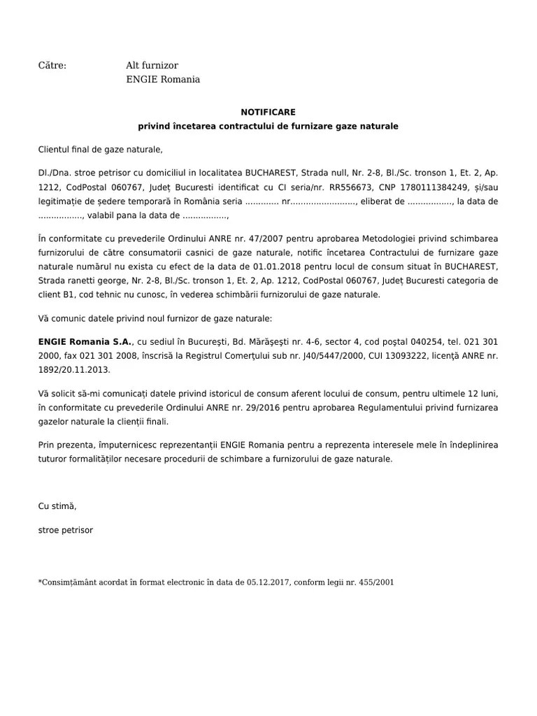 Nerespectarea termenului de 5 zile pentru încheierea contractului de furnizare a energiei electrice, după ce clientul final a acceptat . Notificare Reziliere Gaz Pdf