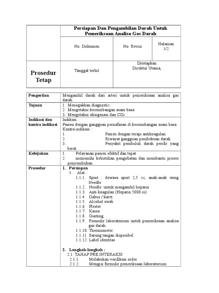Persiapan Dan Pengambilan Darah Untuk Pemeriksaan Analisa Gas Darah | PDF