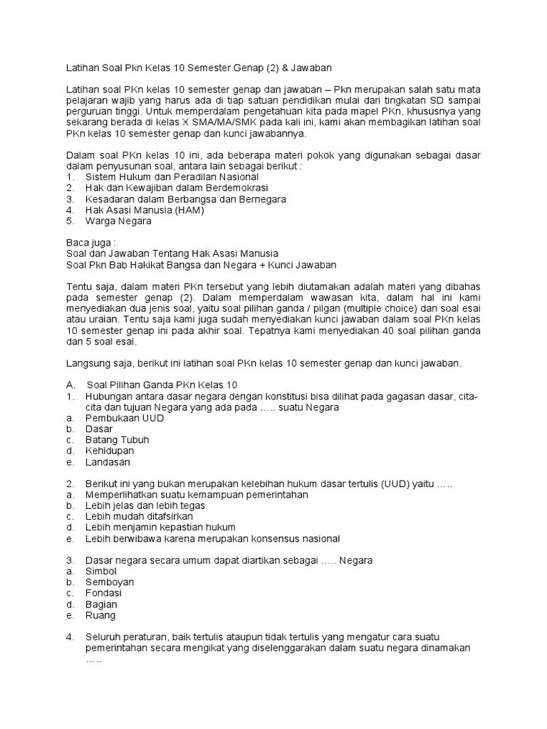 Jun 23, 2019 · soal pkn kelas 11 semester 1 beserta jawabannya kurikulum 2013. Soal Uas Pkn Kelas 10 Semester 2 Doc Jawabanku Id