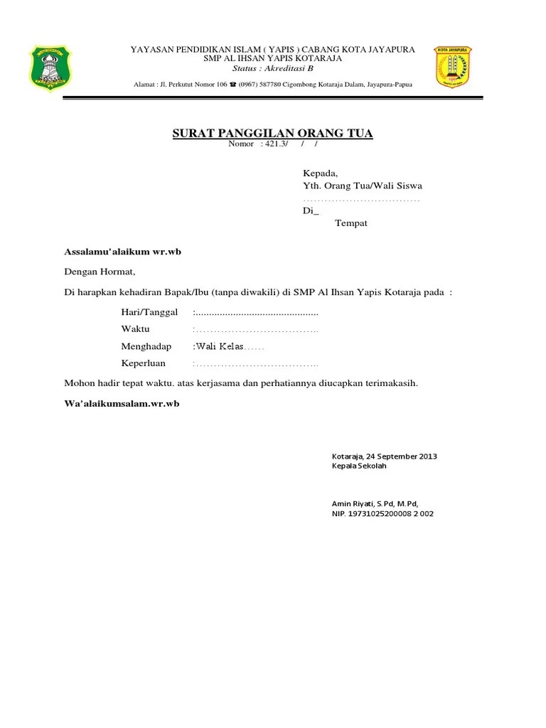 Nama lengkap pekerjaan alamat rumah. surat Panggilan orang tua.docx
