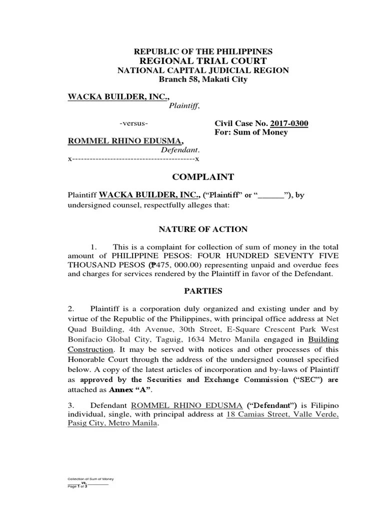 Sample Complaint RTC | PDF | Complaint | Damages