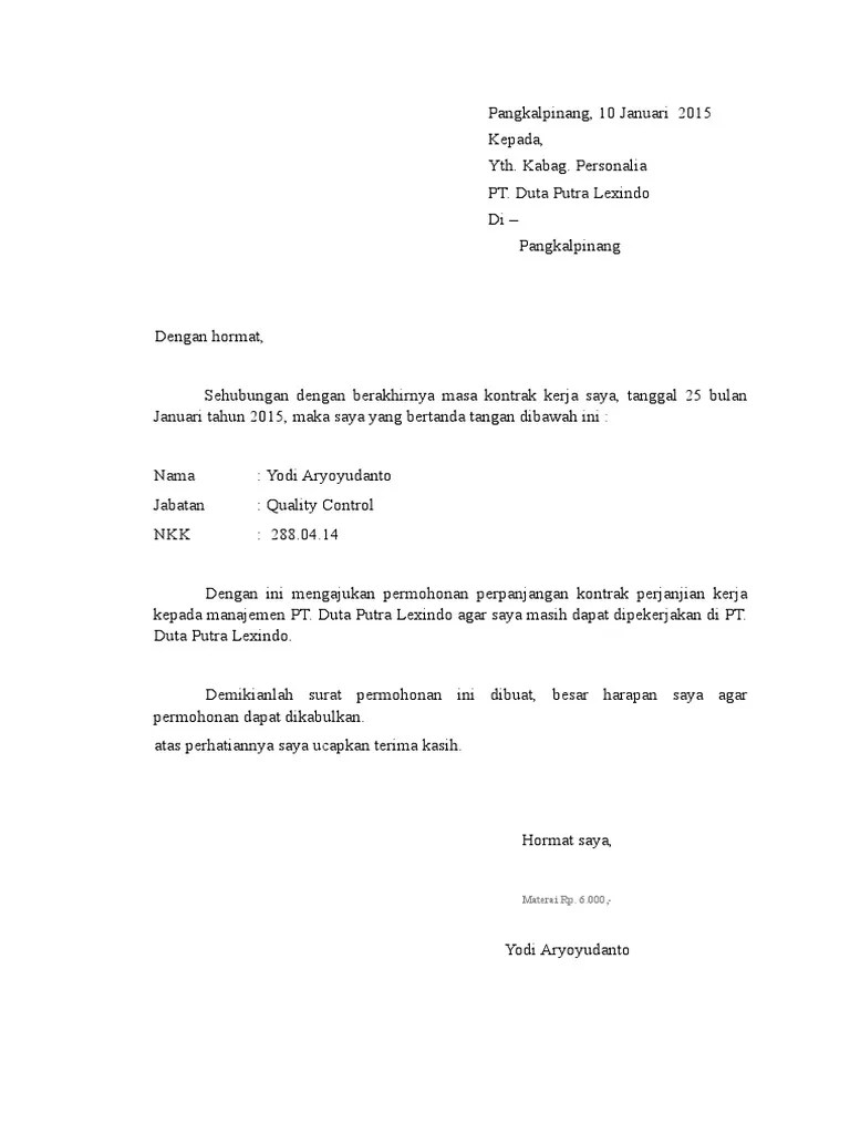 Contoh surat lamaran perpanjangan kontrak. Surat Perpanjangan Kontrak Karyawan Pdf