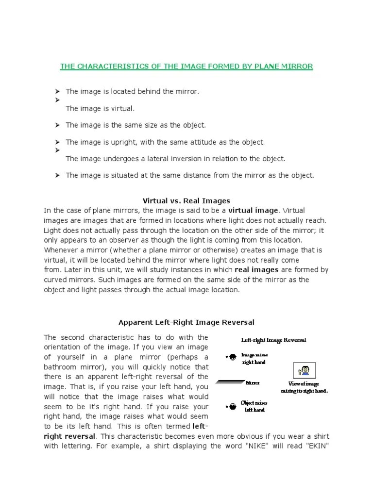 Charcteristics Of The Image Formed By A Plane Mirror | PDF | Mirror | Optics