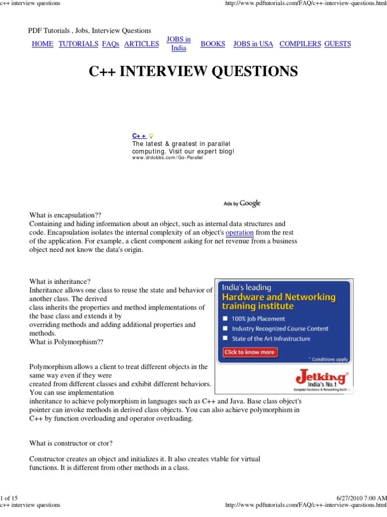 C++ Interview Questions: Home Tutorials Faqs Articles Jobs In India ...