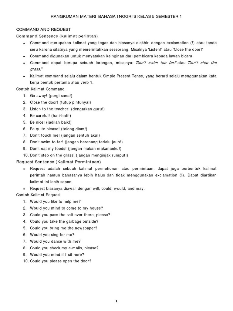 Rangkuman Materi Bahasa Inggris Kelas 5 Semester 1 | PDF