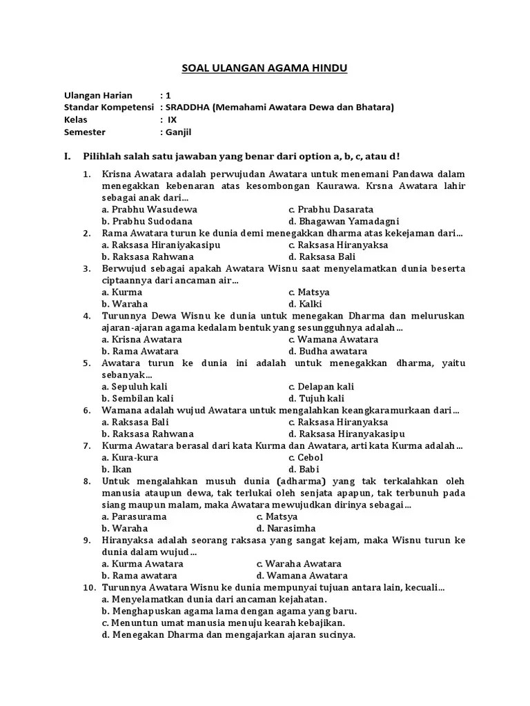 soal kumpulan semester ganjil kls x 2009 2010. Soal Agama Hindu Kelas 9 Jawabanku Id