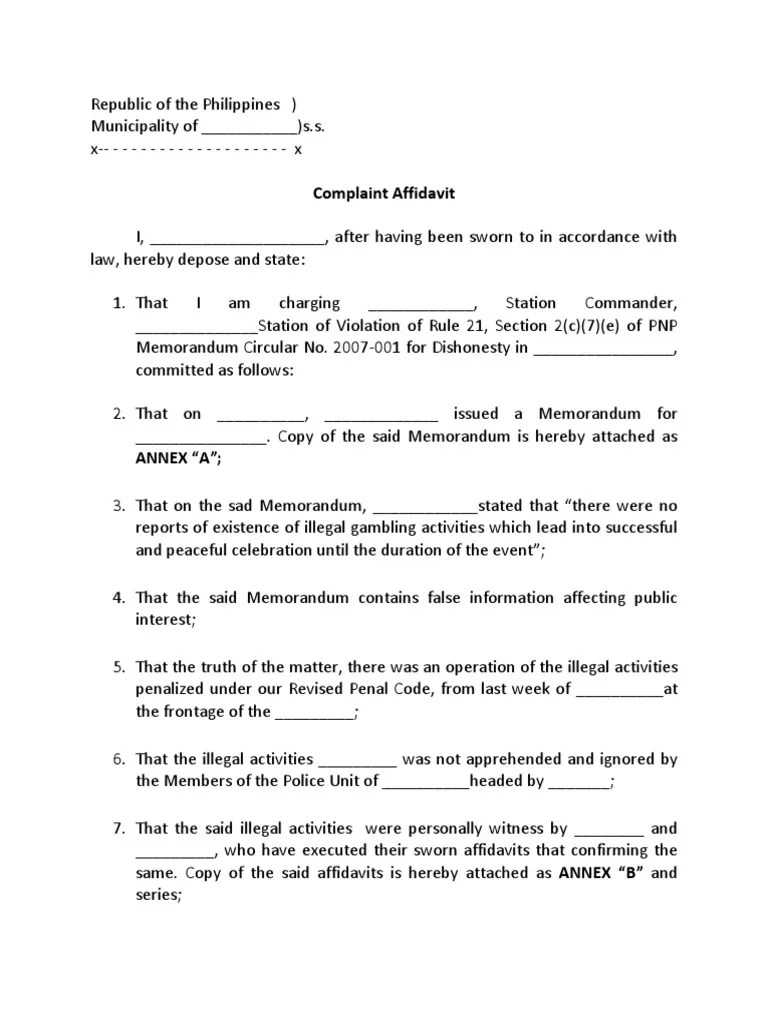 Complaint Affidavit To PNP | PDF | Affidavit | Social Institutions
