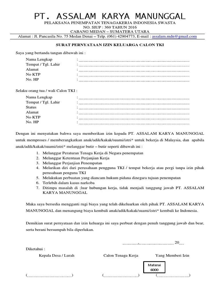 Surat keterangan domisili adalah surat pernyataan resmi keterangan tempat tinggal atau syarat izin usaha. Surat Pernyataan Izin Keluarga Calon Tki Pdf