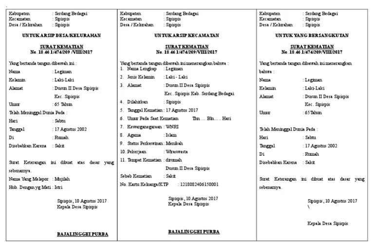 Surat keterangan meninggal atau surat keterangan kematian merupakan surat yang menyatakan telah meninggalnya seseorang dari kepala desa atau keuchik. Surat Kematian Kartu Kuning