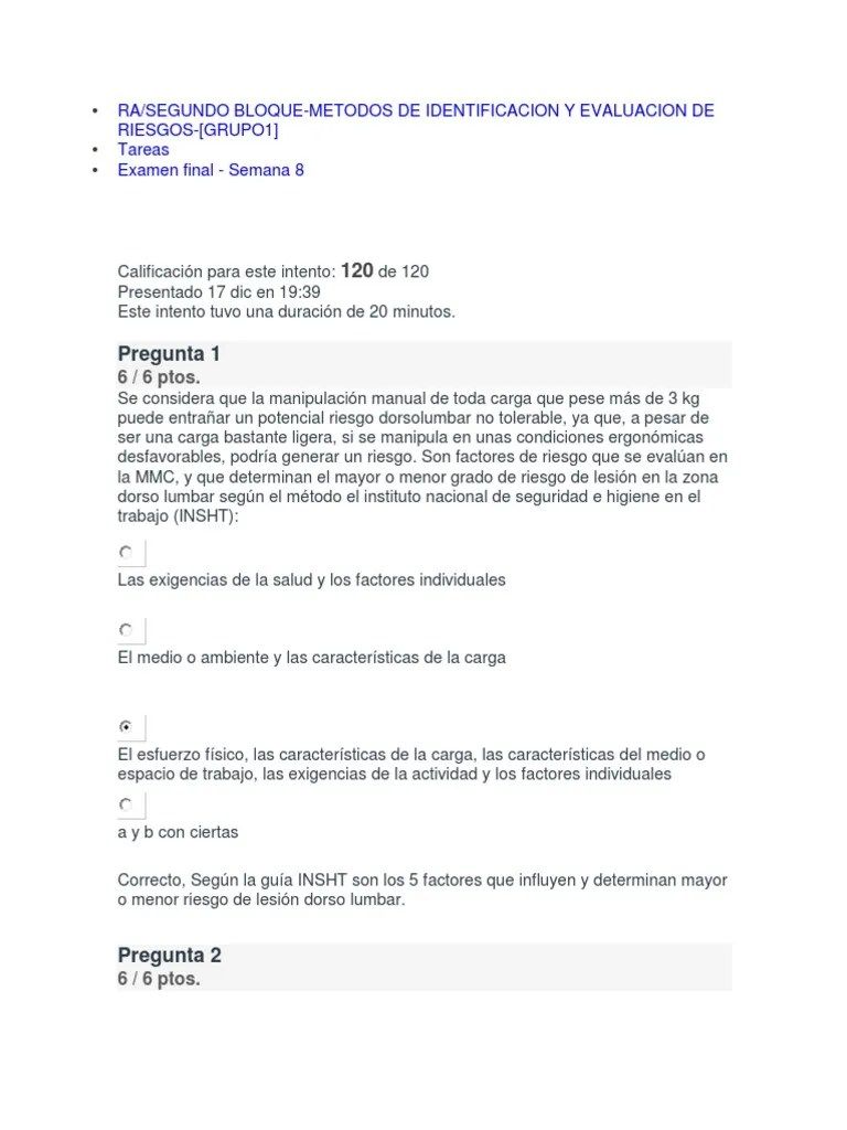Segundo Bloque-Metodos De Identificacion Y Evaluacion De Riesgos Examen Final Semana 8 | PDF ...