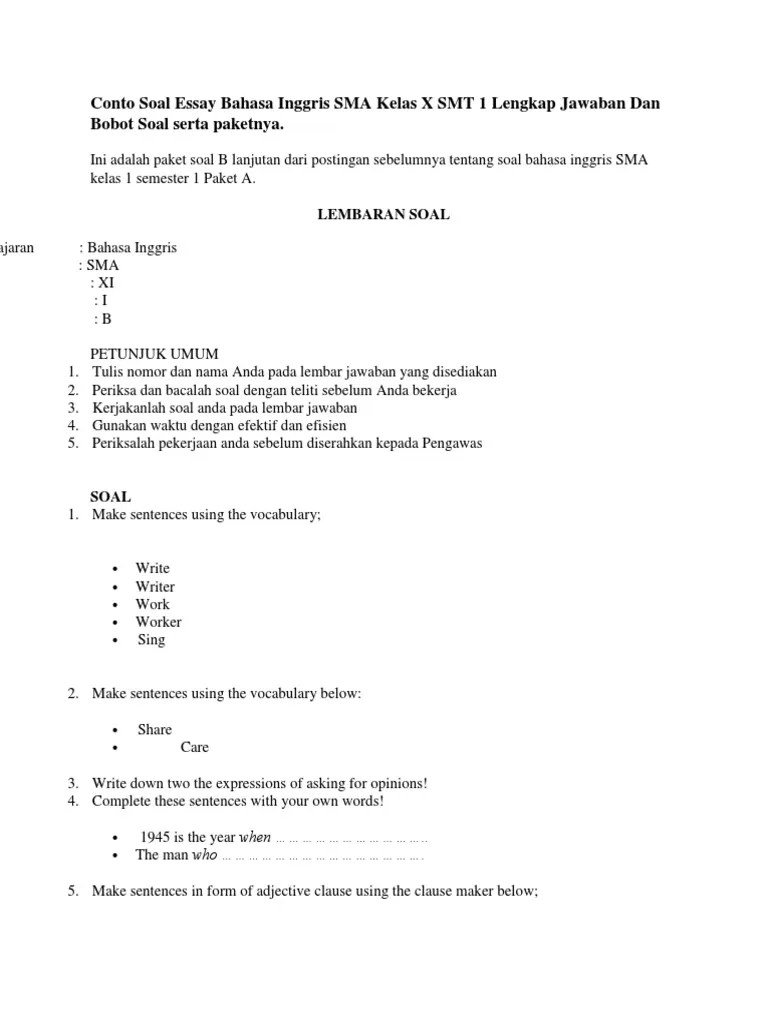 Contoh soal bahasa inggris listening test menggunakan lagu 20 contoh soal bahasa. Conto Soal Essay Bahasa Inggris Sma Kelas X Smt 1 B Pdf Subject Grammar Sentence Linguistics