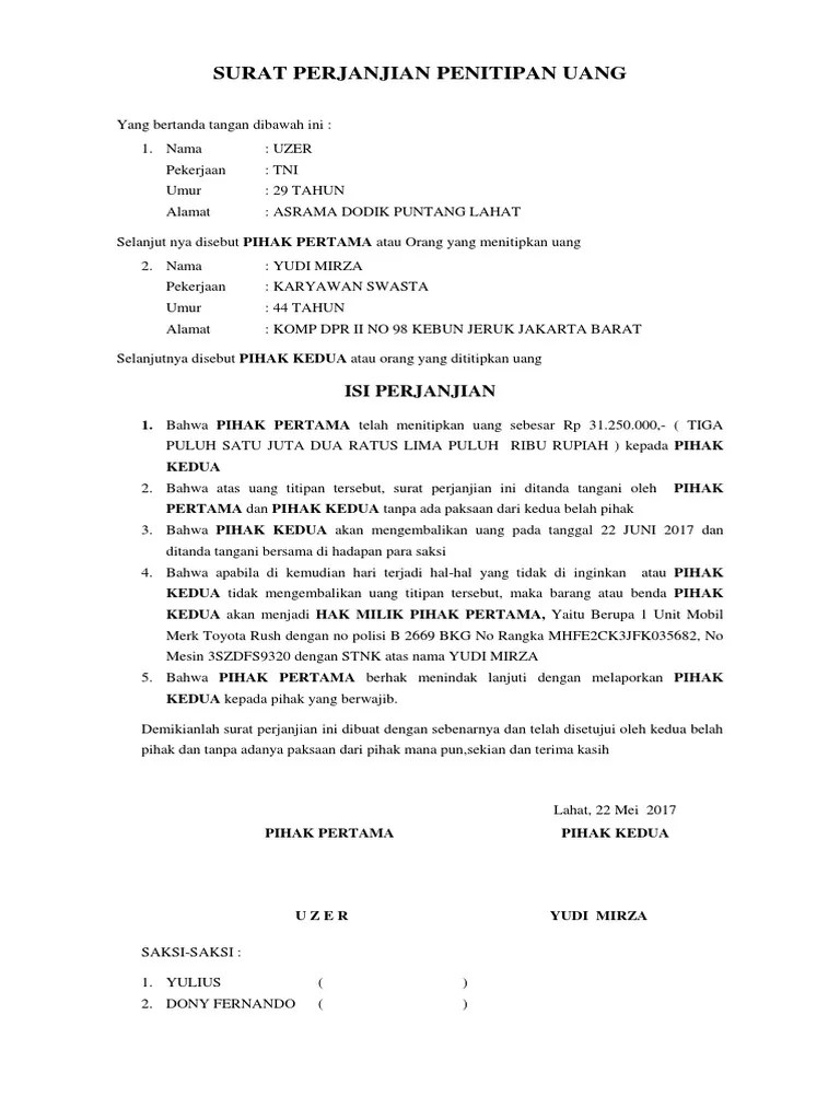 Cara Bikin Surat Perjanjian Penitipan Uang Tips Seputar Uang Cute766 Surat perjanjian penitipan uang B.