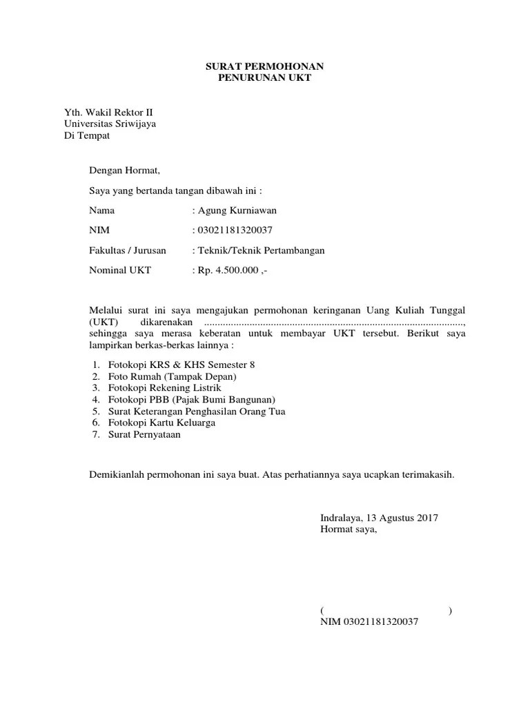 Contoh surat permohonan orang tua untuk keringanan biaya . Contoh Surat Permohonan Penurunan Ukt Pdf