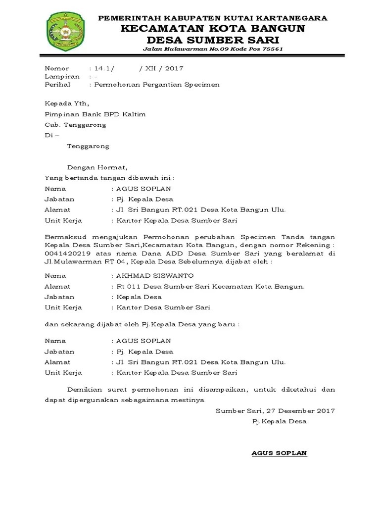 Lalu bpd melayangkan surat kepada kepala desa agar membuat laporan pertanggung jawaban (lpj) selama masa jabatan. Permohonan Pergantian Specimen Pdf