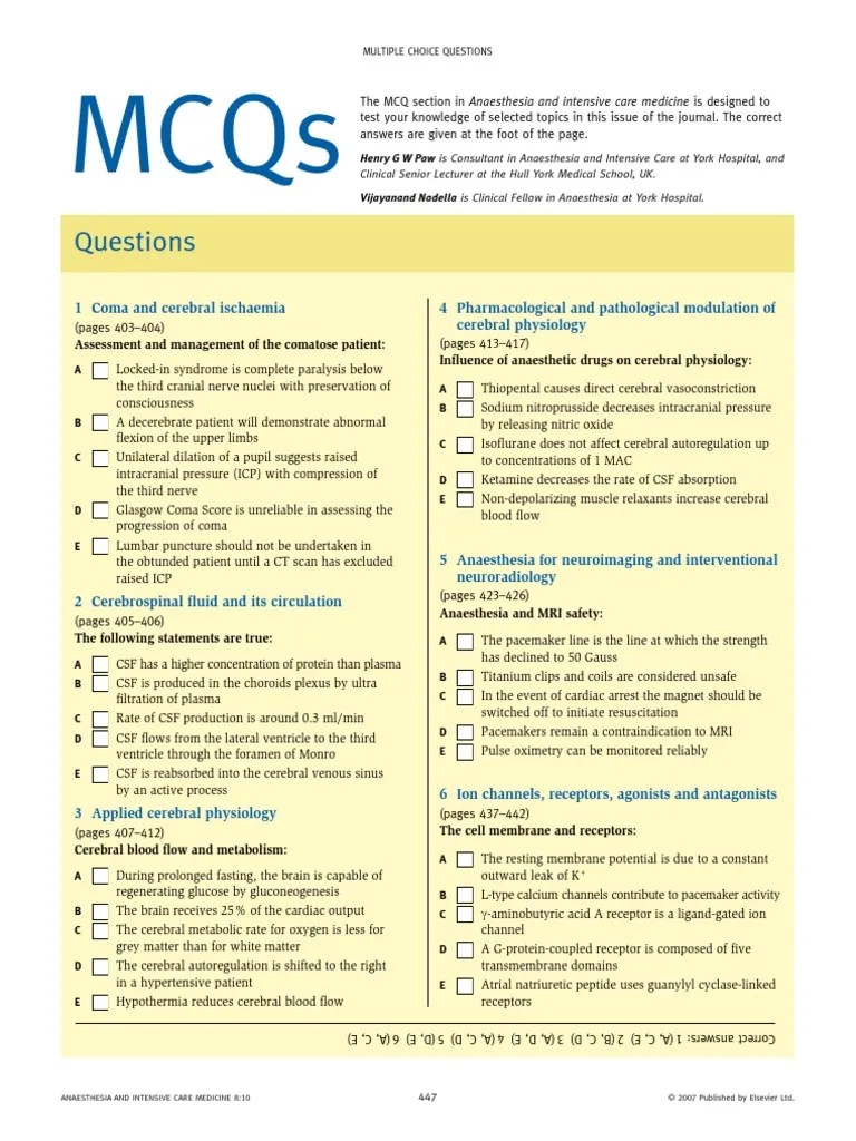 MCQs 2007 Anaesthesia Intensive Care Medicine50 | PDF | Coma ...